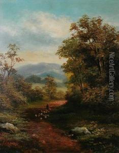 Figure And Sheep In A Country Land Oil Painting - R. Marshall