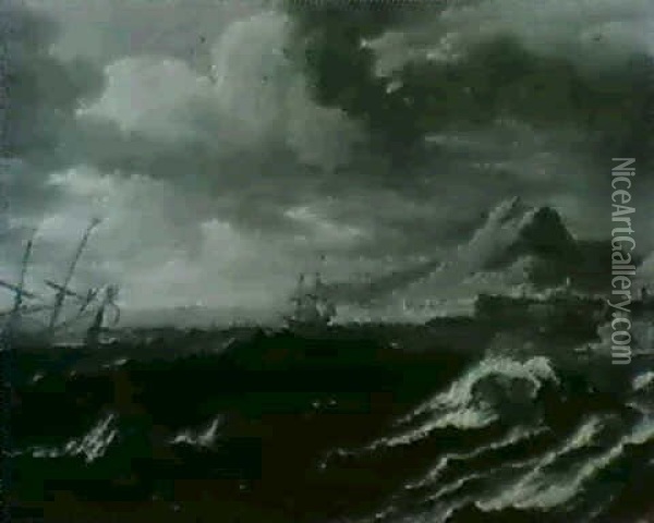 Shipping In Choppy Seas Off The Coast. In A Carved Wood     Frame. Oil Painting - Pieter Mulier the Younger