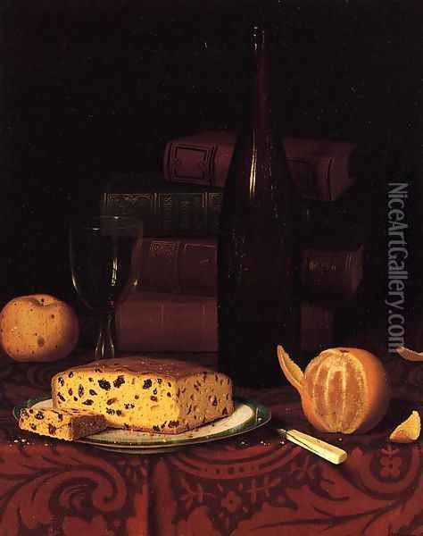 Still Life with Raisin Cake, Fruit and Wine Oil Painting - William Michael Harnett