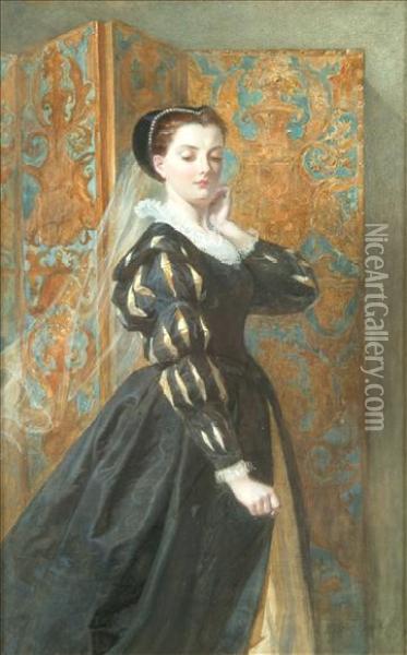 Lady In An Interior In Stuart Dress Oil Painting - Walter Goodall