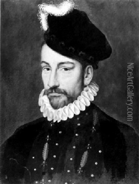 Portrait Of King Charles Ix Of France With A Ruffled Collar, Pearl Drop Earring And A Feathered Beret Oil Painting - Francois Clouet