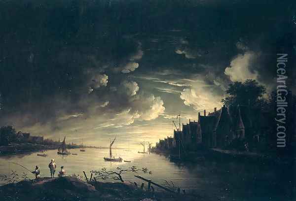 River Landscape by Moonlight Oil Painting - Jan Ludewick de Wouters