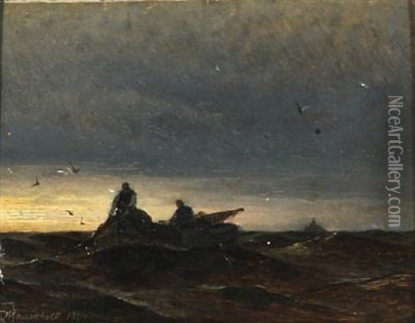 Fishermen On The Ocean At Sunset Oil Painting - Viggo Fauerholdt