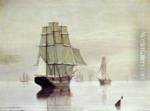 Marine Med Sejlskibe, Stille Vejr (fra Dover?) Oil Painting - Thorvald Christian Benjamin Moller