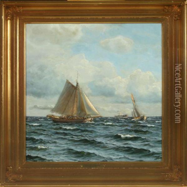 Seascape With Sailingand Motor Ships Oil Painting - Holger Peter Svane Lubbers