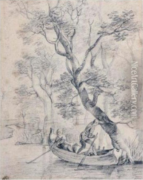 A River Scene With A Couple In A Boat By A Tree Oil Painting - Thomas Gainsborough