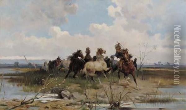 Herding Wild Horses In The Roman Campagna Oil Painting - F. Ciotta