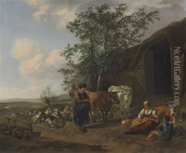 An Italianate Landscape With Peasants Outside A Barn Oil Painting - Gerrit Adriaensz Berckheyde