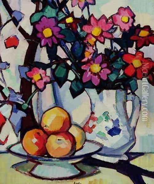 Still life of dahlias and fruit, c.1910-12 Oil Painting - Samuel John Peploe