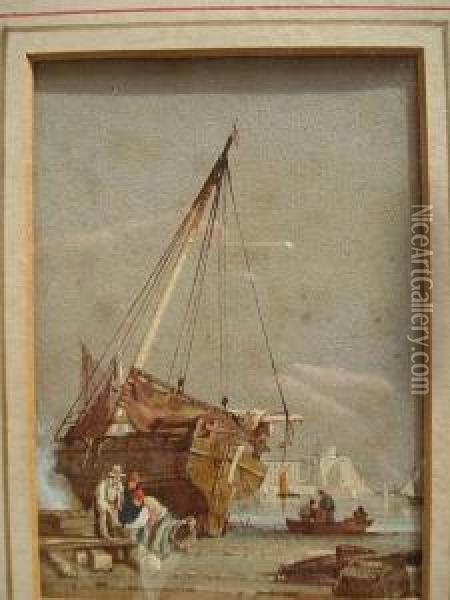 Beached Fishing Boat With Figuresworking Oil Painting - John Skinner Prout