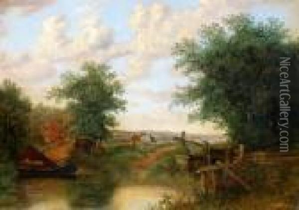 Canal Lock With Figure, Two Horses And A Boat, Signed Oil On Canvas Dated 1825, 25x35cm Oil Painting - Patrick, Peter Nasmyth