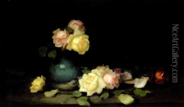 Still Life With Red, Pink And Yellow Roses In A Blue Vase Oil Painting - Stuart James Park