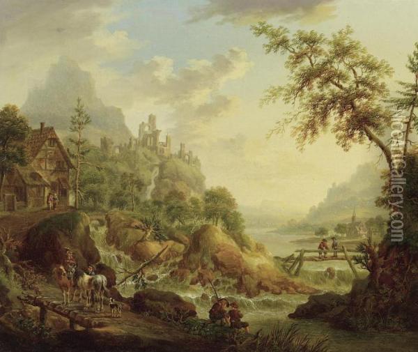 Ideal Riverscape With Ruins Oil Painting - Christian Georg Schuttz II