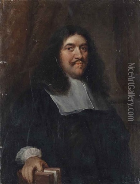 Portrait Of A Man, Half-length, In Black Robes And A Collar, Before A Draped Column Oil Painting - Caspar Netscher