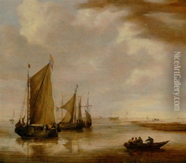 Shipping In A Calm In Coastal Waters Oil Painting - Willem van Diest