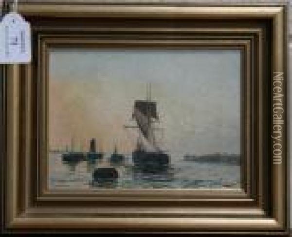 Sailing Vessels In Coastal Waters Oil Painting - Edwin Fletcher