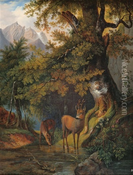 Rehe Im Gebirge Oil Painting - Moritz Mueller the Elder