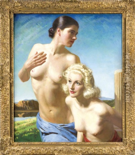Doppelakt In Einer Italienischen Landschaft, Rechts Ein Saulenfragment Oil Painting - Joseph Greenup