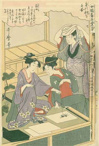 The emergence of the moths, no.7 from Joshoku kaiko tewaza-gusa, c.1800 Oil Painting - Kitagawa Utamaro