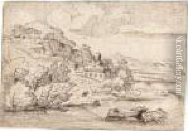River Landscape With A Steep Hill Oil Painting - Giovanni Francesco Grimaldi