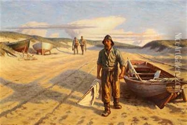 En Fisker Og To Vandringsmaend Naer Vandet Oil Painting - Niels Frederik Schiottz-Jensen