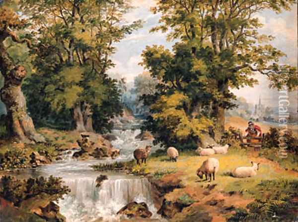 A Landscape With Sheep Grazing By A Stream And A Woman Crossing A Stile Oil Painting - Dean Wolstenholme, Jr
