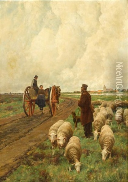 A Roadside Conversation Oil Painting - Frans Van Leemputten