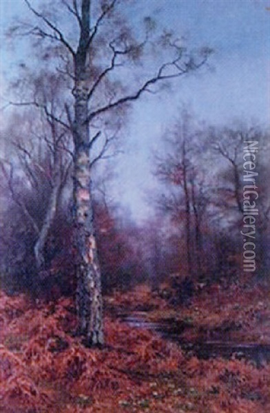 Autumnal Woodland Scene With Stag Oil Painting - Walter Boodle