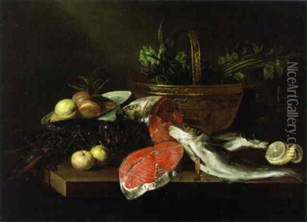 Fish, Lobster, A Cauldron And Other Objects On A Tabletop Oil Painting - Alexander Adriaenssen the Elder