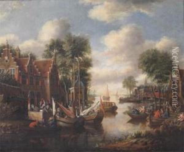 Dutch River Scene With A Pleasure Party Making Merry Oil Painting - Rutger Verburgh