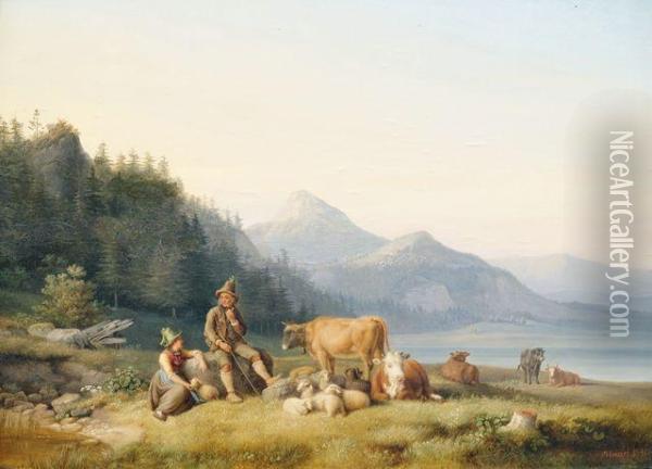 Hirtenpaar Mit Herde In Voralpenlandschaft Oil Painting - Johann Philipp Heinel