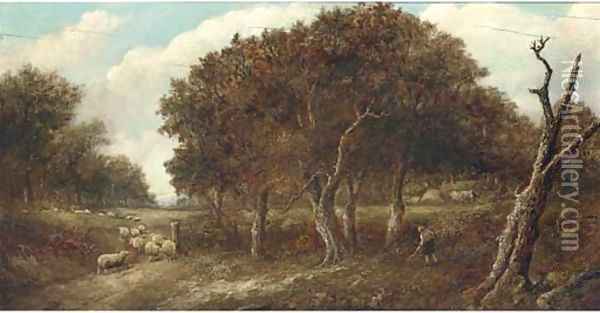 A shepherd with his flock in a wooded landscape Oil Painting - Joseph Thors