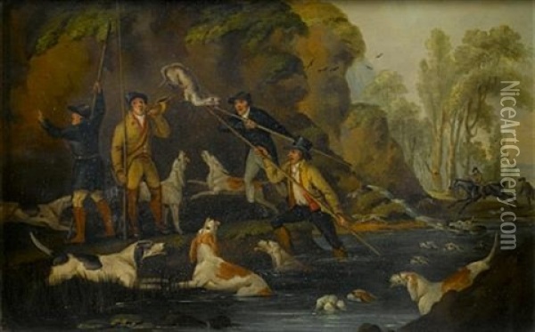 Otter Hunting (+ The Kill; Pair) Oil Painting - John Francis Sartorius