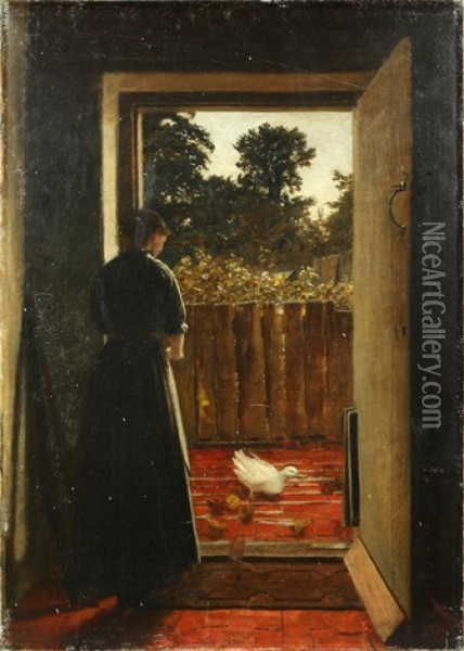 Maid Feeding Duck And Ducklings At A Cottage Door Oil Painting - Joseph Clark
