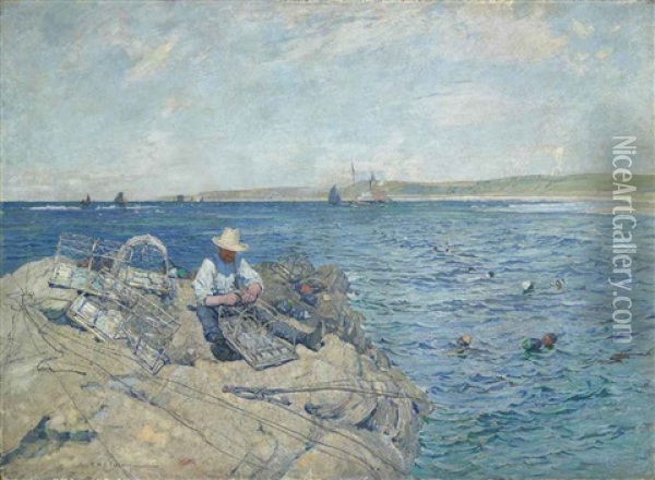 Mending The Lobster Creels Oil Painting - Robert Mcgown Coventry
