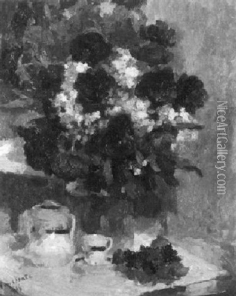 Stilleben Mit Blumenstrauss Und Kaffeegeschirr Oil Painting - Gaston Haustrate
