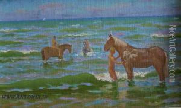 The Horses Taking For A Swim Oil Painting - Robert Stern