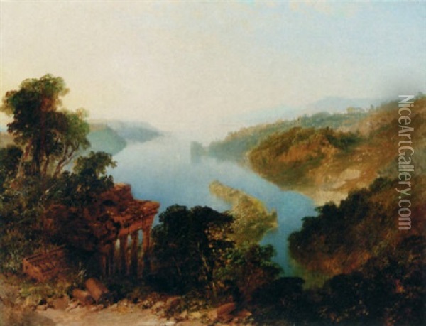 An Italianate Lake Landscape Oil Painting - Edmund John Niemann