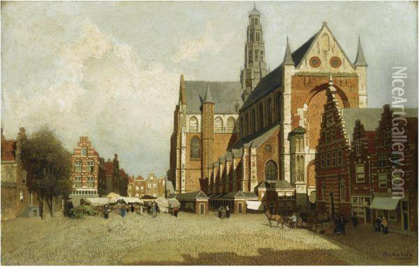 A Market By The St Bavo Church, Haarlem Oil Painting - Johannes Christiaan Karel Klinkenberg