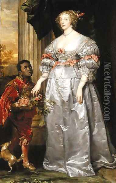 Portrait of a lady, full-length, in a white satin dress, a liveried page-boy holding a bowl of roses at her side Oil Painting - Sir Anthony Van Dyck
