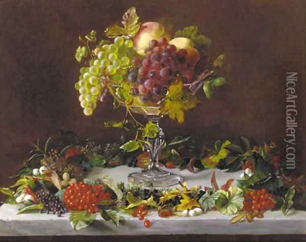 Grapes and peaches in a tazza with wild berries on a marble ledge Oil Painting - Augusta Laessoe