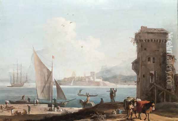 An extensive view of an port with a tower in the foreground, a fort beyond Oil Painting - Marco Ricci