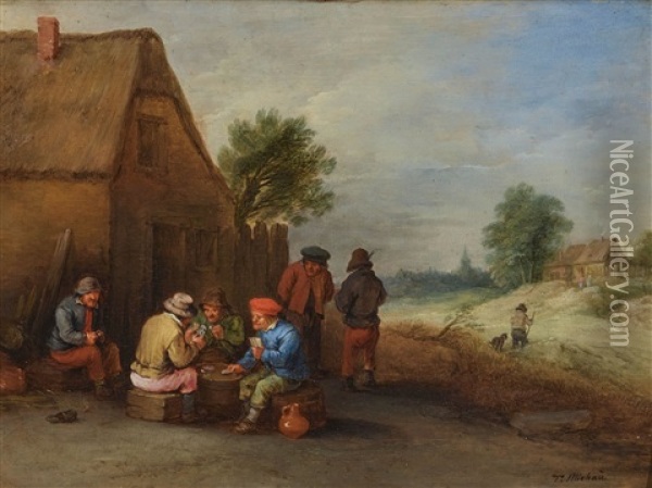 Card Players In Front Of A Farmstead - Peasants Resting In Front Of A Farmstead (pair) Oil Painting - Theobald Michau