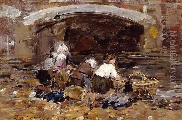 Laundresses near a Bridge Oil Painting - Eugene Boudin