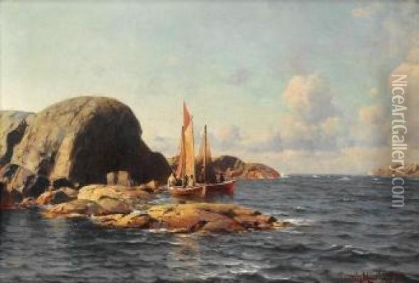 Seilbater Med Fiskere I Kystlandskap 1894 Oil Painting - Lars Laurits Larsen Haaland