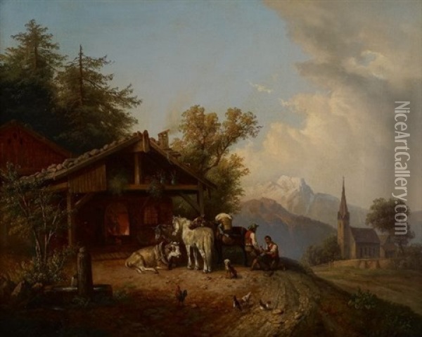 Scene Campagnarde Au Marechal-ferrant Oil Painting - Joseph Heicke