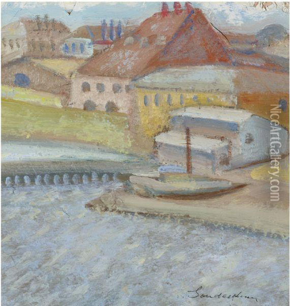 Buildings On A Canal Oil Painting - Sergei Yurievich Soudeikine