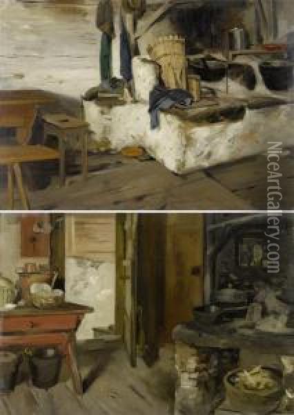 At The Stove/kitchen Interior Oil Painting - Hans Bachmann