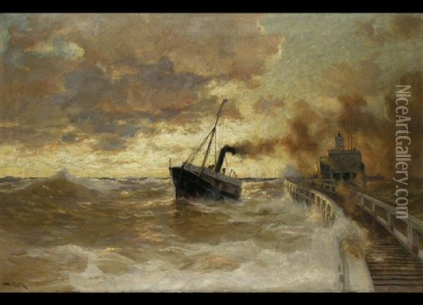 Fischerboot Bei Sturmischer See Oil Painting - Erwin Carl Wilhelm Guenther