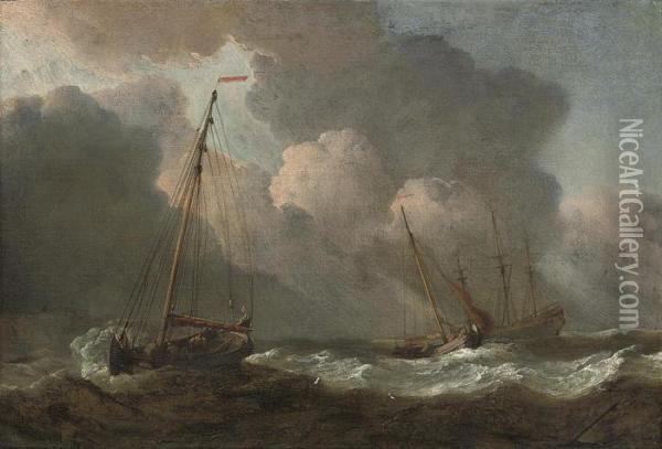 English Fishing Smacks At Sea In A Gale Oil Painting - Willem van de, the Elder Velde